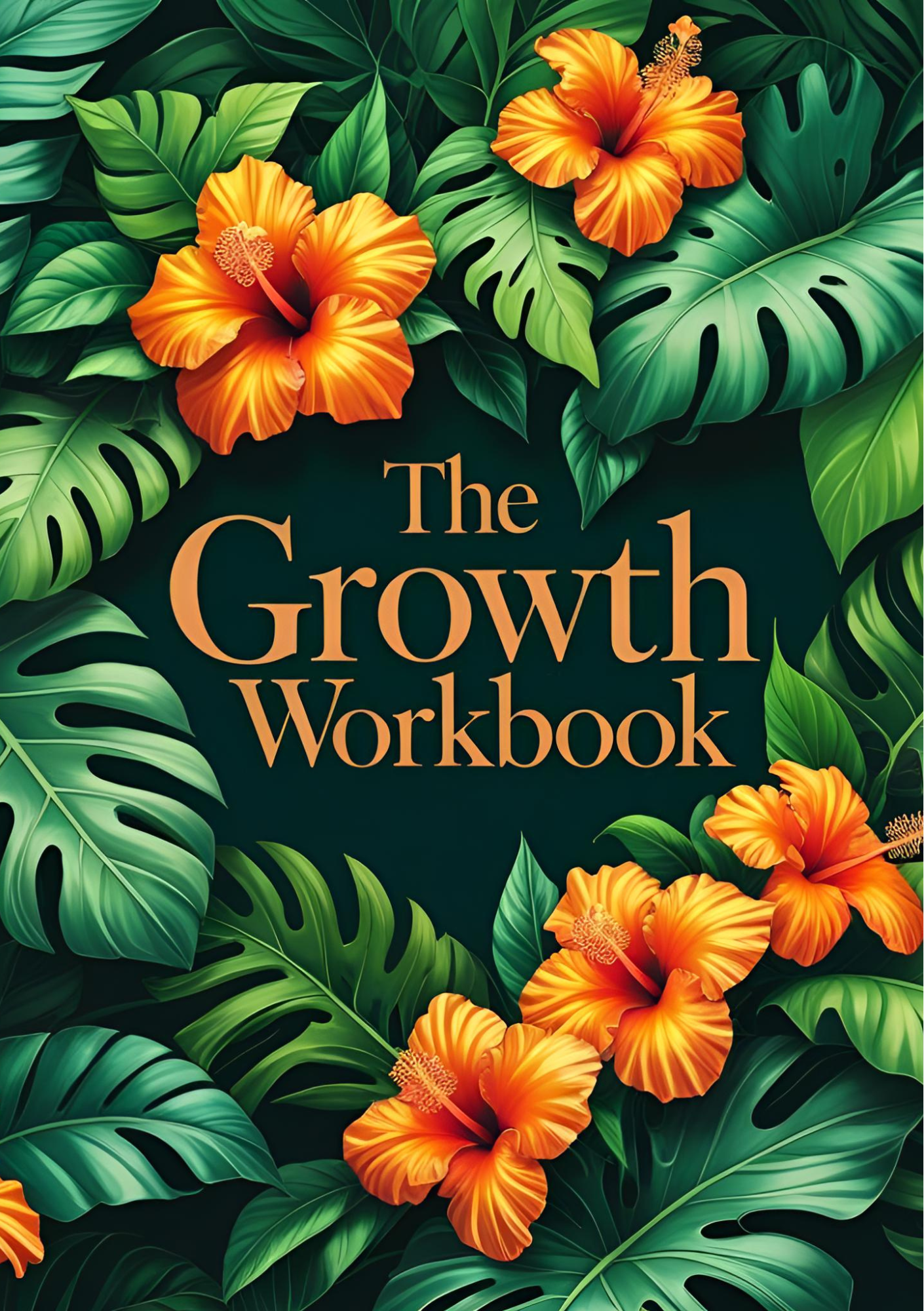 The cover of The Growth Workbook, orange hibiscus blooms on various green monstera leaves. The background is a very dark green with orange lettering which says "The Growth Book"