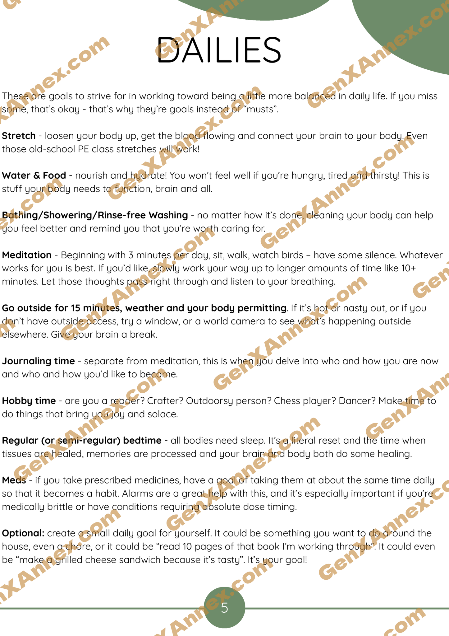 A watermarked copy of The Growth Workbook page titled Dailies, with descriptions of suggested things one can do daily to help create more consistency and peace of mind
